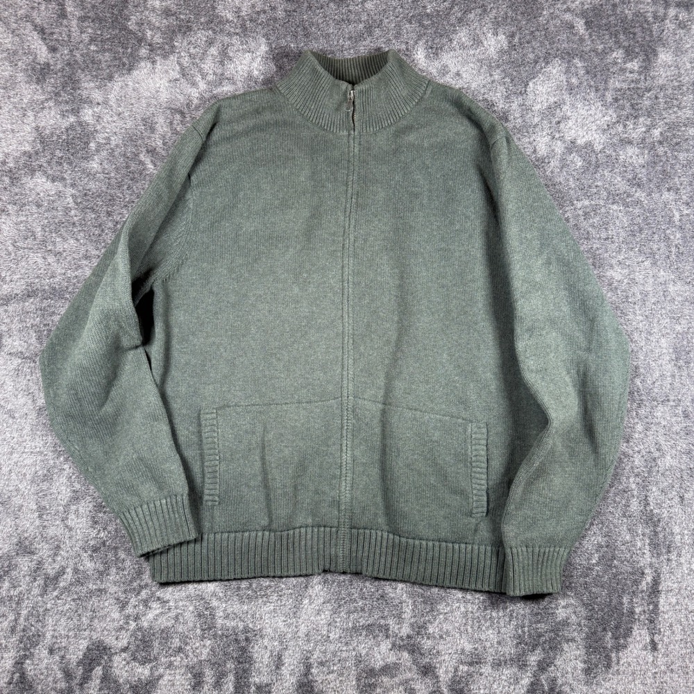 LL Bean Mens XL Green 100% Cotton Full Zip Mock Neck Cardigan Sweater 0BTL7